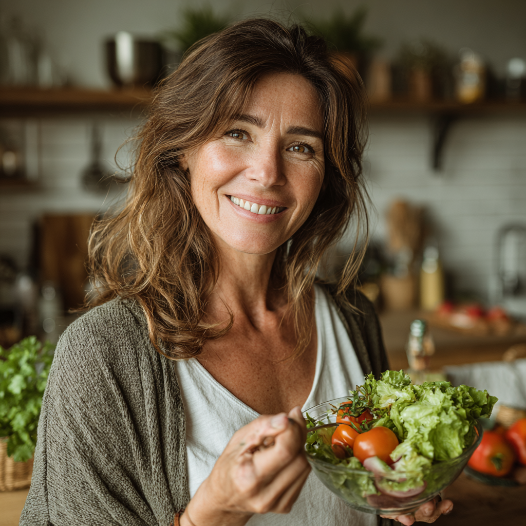 Happy middle-aged woman in her 40s enjoying healthy salad at home, smiling while eating fresh vegetables in bright kitchen environment