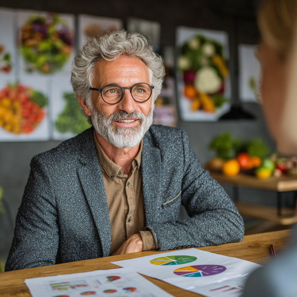 Professional nutritionist in his 50s consulting with client, wearing business casual attire in modern office setting with healthy food charts and documents on desk